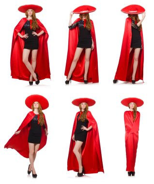 Kırmızı elbiseli Meksikalı kadın beyaz üzerine