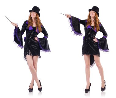 Güzel kız mor karnaval giyim ve üzerinde beyaz izole şapka