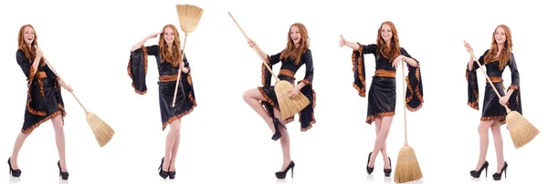 Nice witch with broom on white — Stock Photo, Image