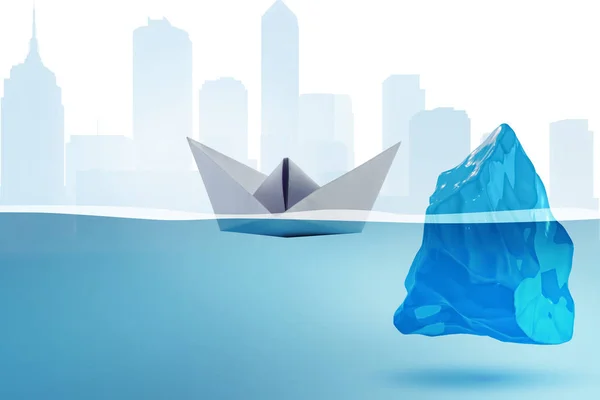 Barco de papel casi golpeando iceberg - 3d renderizado — Foto de Stock