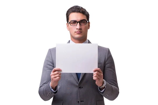 Empresário com quadro de mensagens em branco isolado em branco — Fotografia de Stock