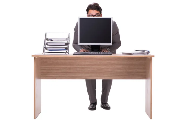 Geschäftsmann versteckt sich im Büro isoliert auf Weiß — Stockfoto