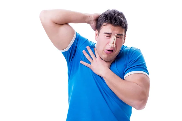 Man sweating excessively smelling bad isolated on white backgrou — Stock Photo, Image