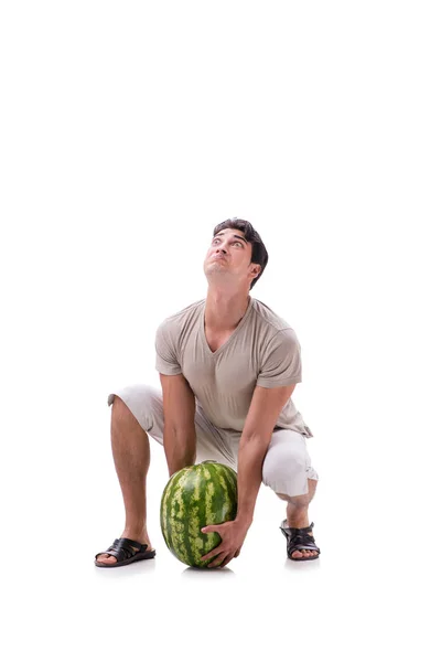 Junger Mann mit Wassermelone isoliert auf weiß — Stockfoto