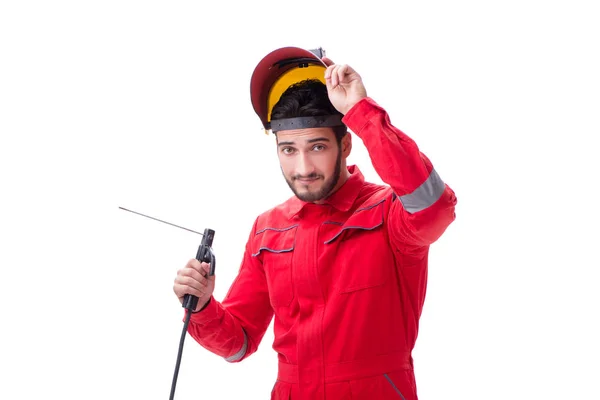 Jovem reparador com um eletrodo de pistola de solda e um capacete isolado — Fotografia de Stock