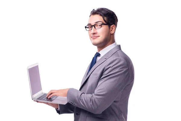 Jeune homme d'affaires travaillant sur ordinateur portable isolé blanc — Photo
