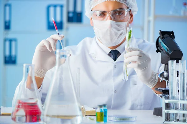 Concepto de biotecnología con científico en laboratorio — Foto de Stock