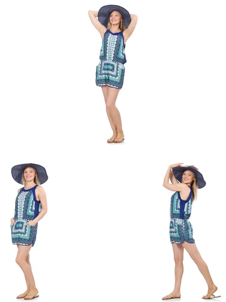 Collage van vrouw in blauwe jurk en panama op wit — Stockfoto