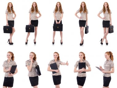 Genç ve güzel çalışan beyaz izole evrak çantası ile