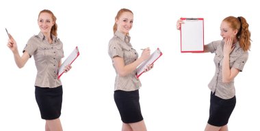 Kağıt üzerinde beyaz izole ile genç ve güzel çalışan