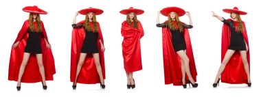 Kırmızı elbiseli Meksikalı kadın beyaz üzerine