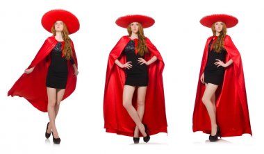 Kırmızı elbiseli Meksikalı kadın beyaz üzerine