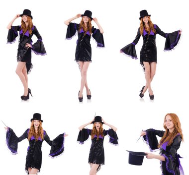 Güzel kız mor karnaval giyim ve üzerinde beyaz izole şapka