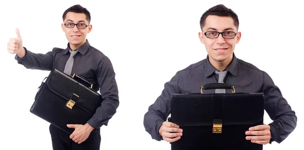 Young man holding briefcase isolated on white — Stock Photo, Image