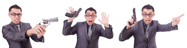 Funny businessman with gun on white — Stock Photo, Image