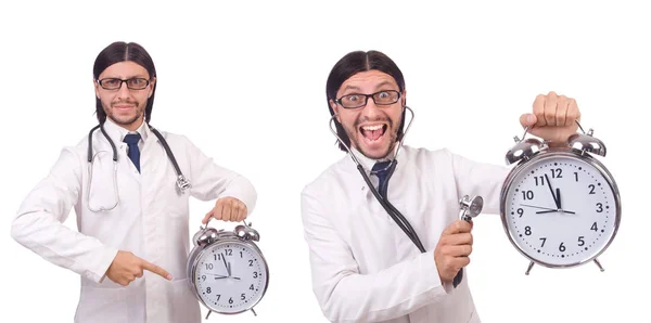 Hombre doctor con reloj aislado en blanco — Foto de Stock