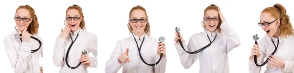 Красивая женщина-врач со стетоскопом изолирована на белом — стоковое фото