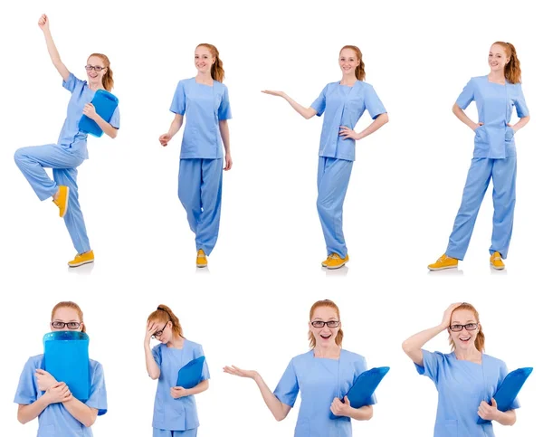 Bonito médico dançarino de uniforme azul com documentos isolados — Fotografia de Stock