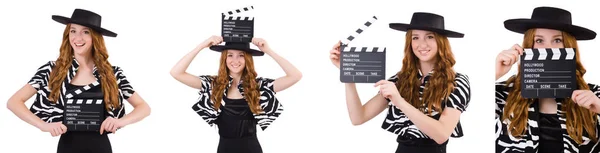 Ung kvinna med filmen FJÄLLPANEL isolerad på vit — Stockfoto