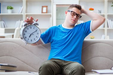 Sınavlara hazırlanan genç öğrenci kanepede ders çalışıyor.