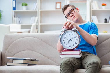 Sınavlara hazırlanan genç öğrenci kanepede ders çalışıyor.