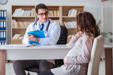 Hamile kadın muayene için doktoru ziyaret ediyor.