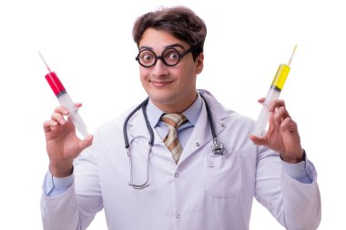 Beyaz şırıngalı komik doktor.