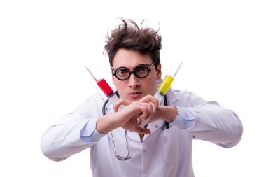 Beyaz şırıngalı komik doktor.