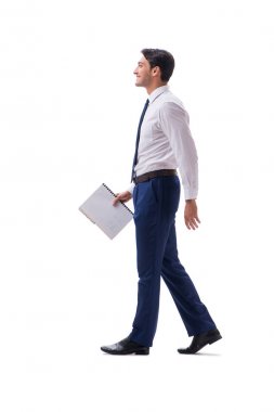 İşadamı yürüme ayakta yan görüntülemek izole üzerinde beyaz backgro