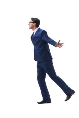 İşadamı yürüme ayakta yan görüntülemek izole üzerinde beyaz backgro