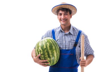 Beyaz izole karpuz ile genç çiftçi