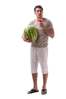 Karpuzlu genç adam beyazda izole edilmiş.