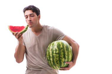 Karpuzlu genç adam beyazda izole edilmiş.