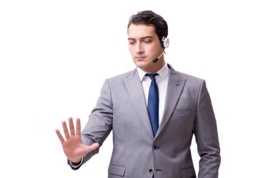 Beyaz arka plan üzerinde izole çağrı merkezi çalışanı