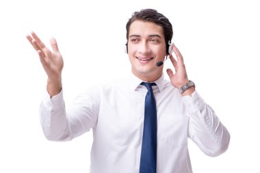 Beyaz arka plan üzerinde izole çağrı merkezi çalışanı