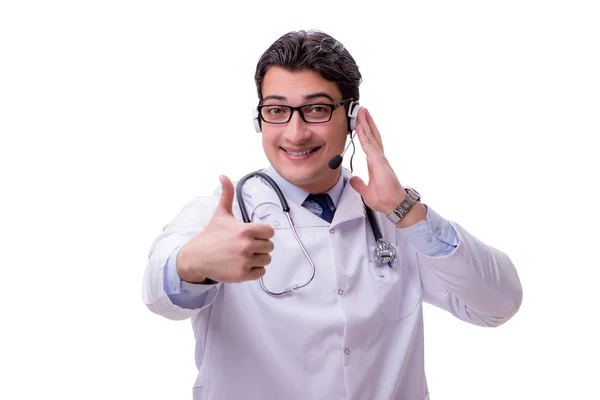 Jeune médecin avec casque de téléphone isolé sur blanc — Photo