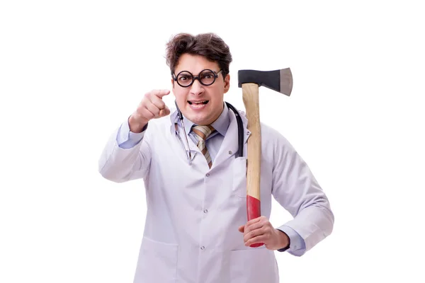 Grappige dokter met bijl geïsoleerd op wit — Stockfoto