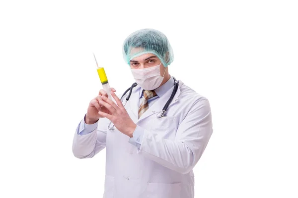 Médico divertido con jeringa aislada en blanco — Foto de Stock