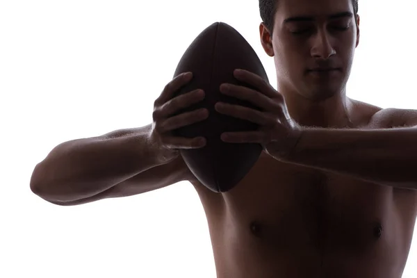 Zgrywanie młody człowiek z futbolu amerykańskiego na białym tle — Zdjęcie stockowe