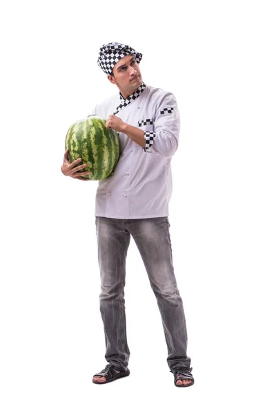 Jonge mannelijke kok met watermeloen geïsoleerd op wit — Stockfoto