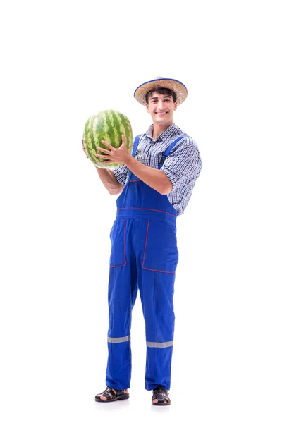 Young farmer with watermelon isolated on white — Stock Photo, Image