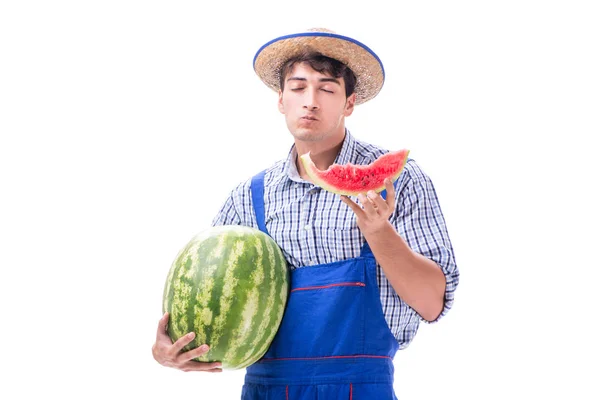 Young farmer with watermelon isolated on white — Stock Photo, Image