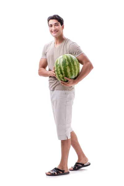 Junger Mann mit Wassermelone isoliert auf weiß — Stockfoto