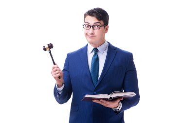 Beyaz arka planda tokmağı olan avukat hukuk öğrencisi.