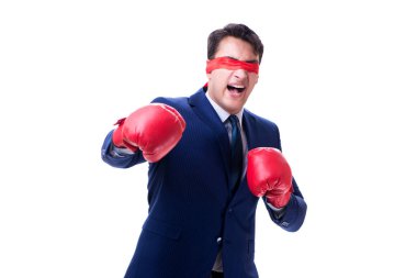 Avukat boks eldiven üzerinde beyaz izole göz bağı ile