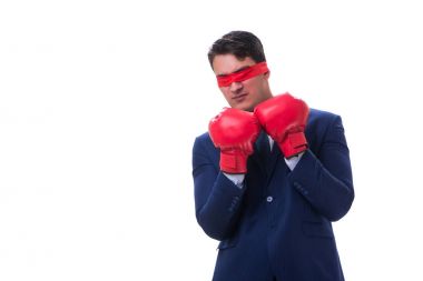 Avukat boks eldiven üzerinde beyaz izole göz bağı ile