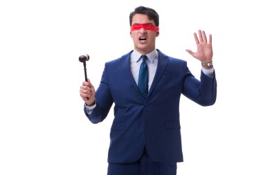 Avukat beyaz izole bir tokmak holding göz bağı ile