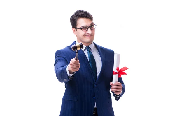 Jurastudent mit Hammer auf weißem Hintergrund — Stockfoto