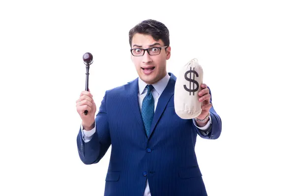 Advogado com um martelo e um dinheiro de saco de dinheiro mal isolado em branco — Fotografia de Stock