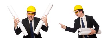 Beyaz üzerine çizimler yapan komik bir mimar.